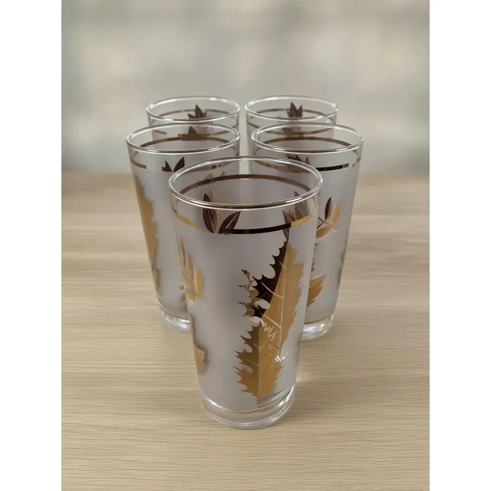 Vintage Libbey Golden Foliage Glasses Set of 7, Gold Leaf Highball Tumblers